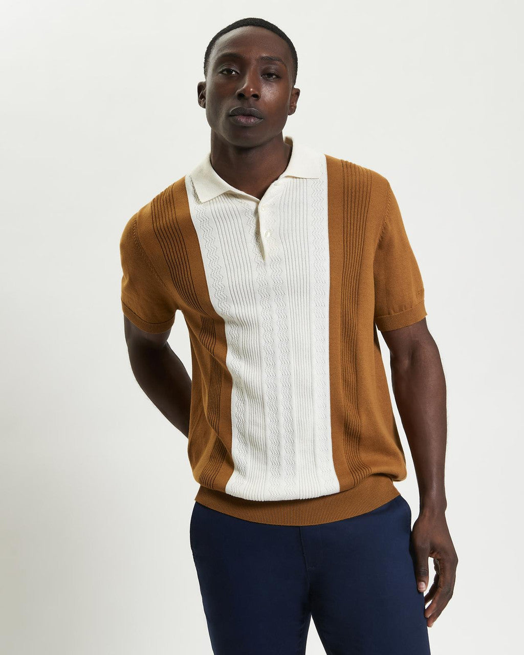 Textured Block Stripe Knitted Polo - Caramel
