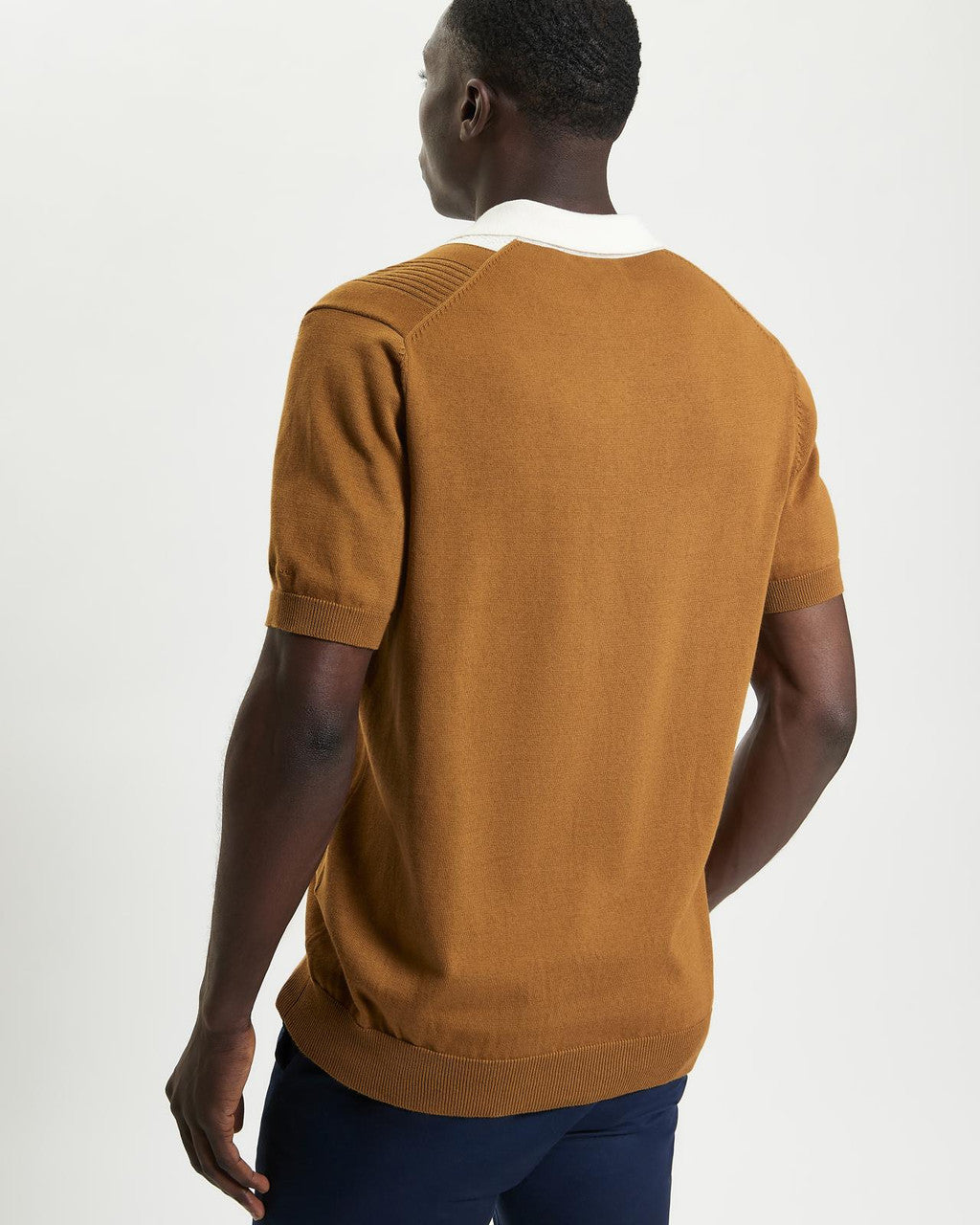 Textured Block Stripe Knitted Polo - Caramel