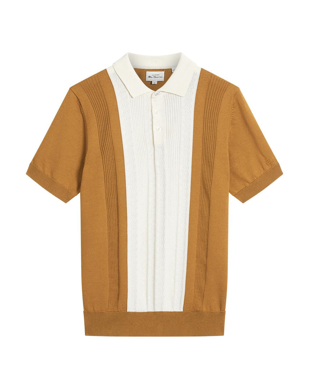 Textured Block Stripe Knitted Polo - Caramel