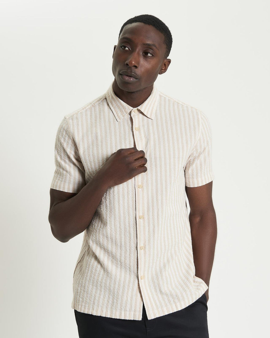 Short Sleeve Seersucker Stripe Shirt - Sand