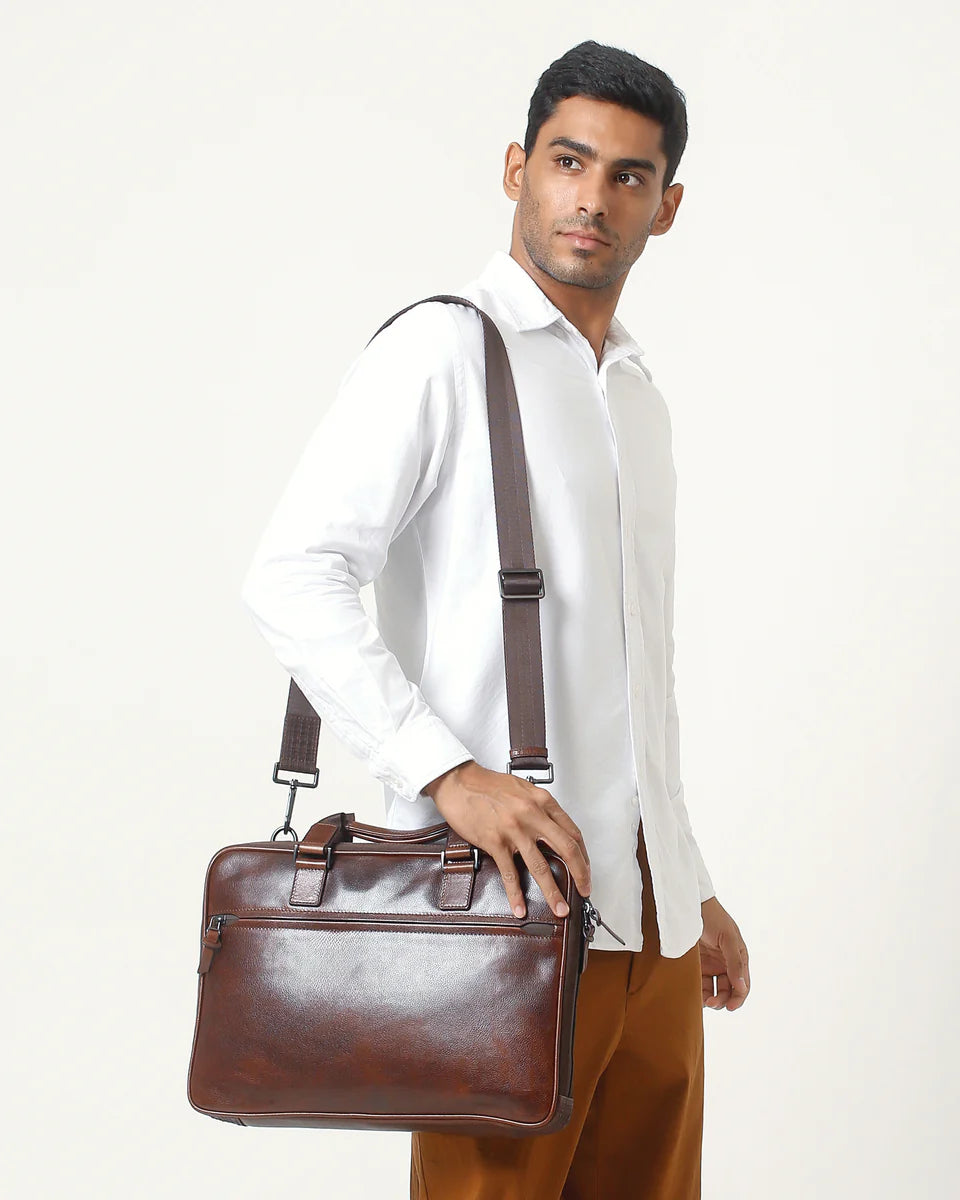 Slim Leather Laptop Briefcase - Brown
