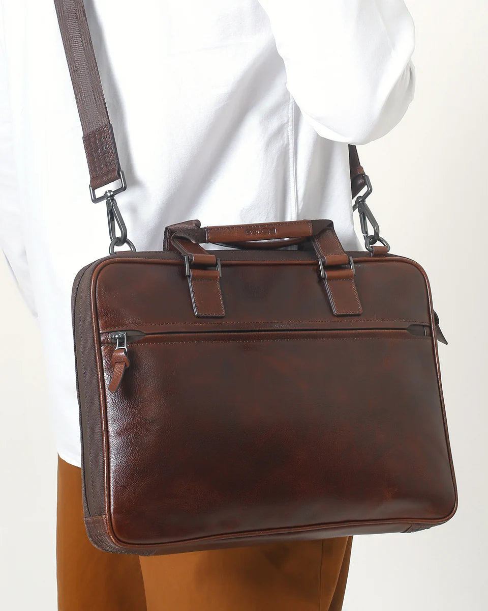 Slim Leather Laptop Briefcase - Brown