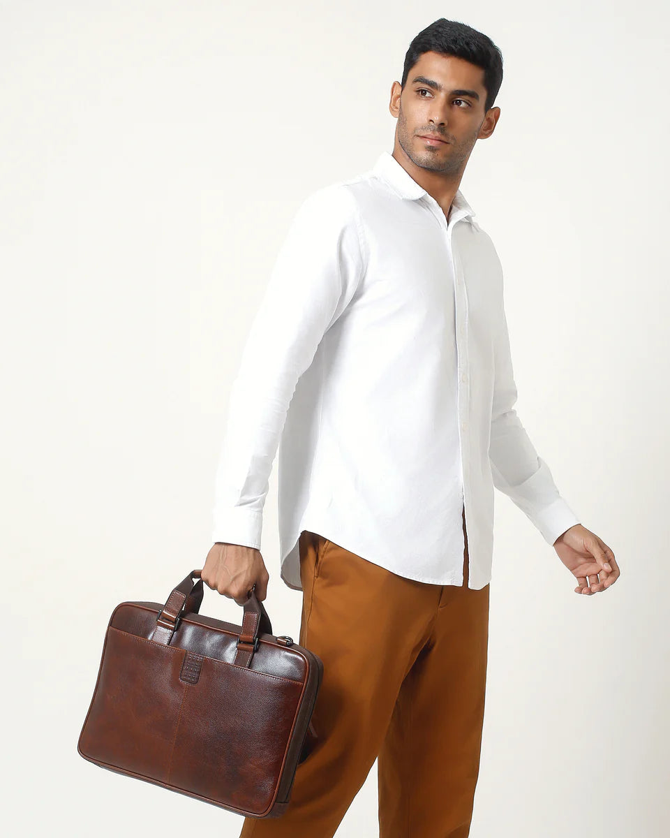 Slim Leather Laptop Briefcase - Brown