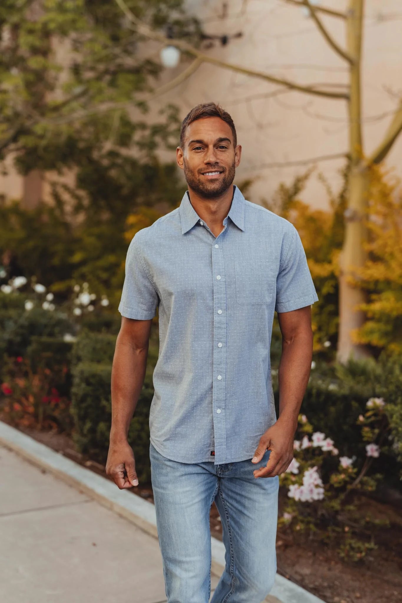 Freshwater Short Sleeve Button Up Shirt - Blue Dobby