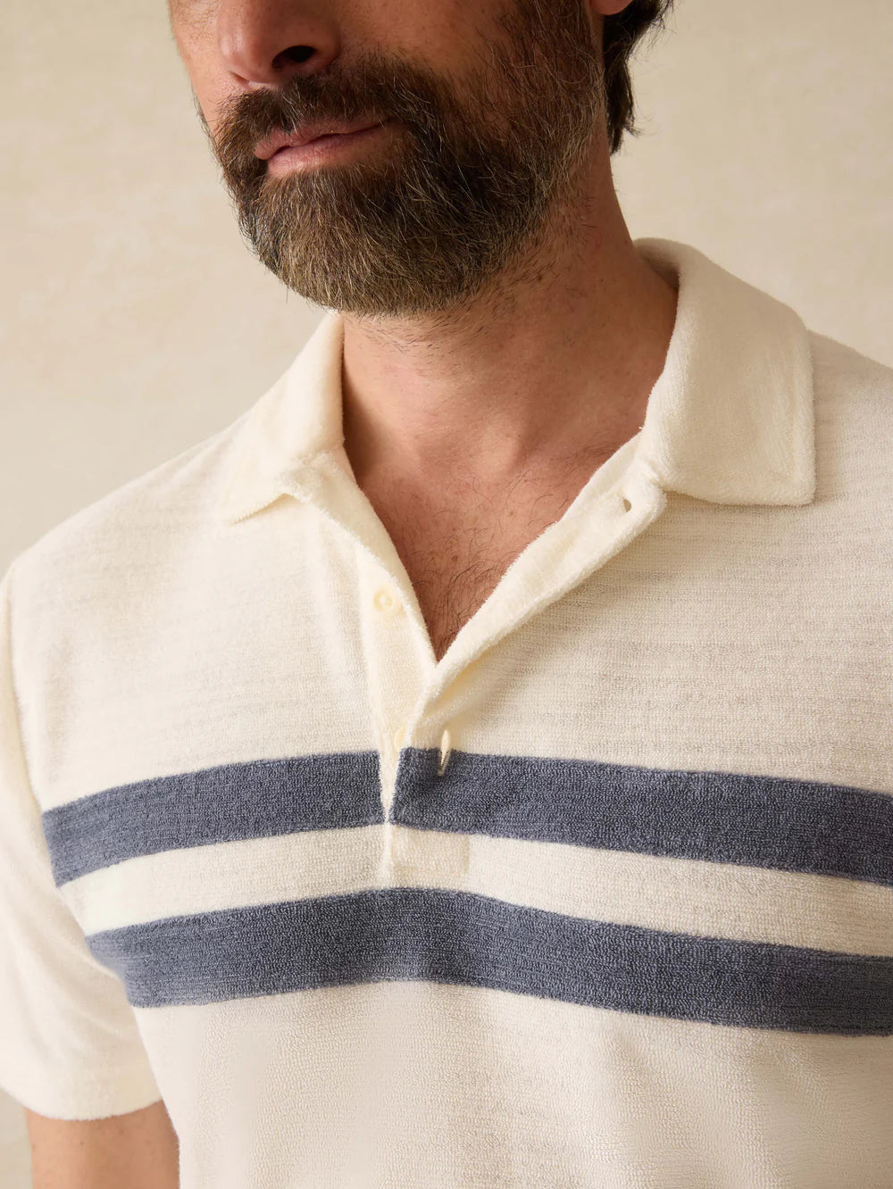 Cabana Towel Terry Surf Stripe Polo - Vintage White