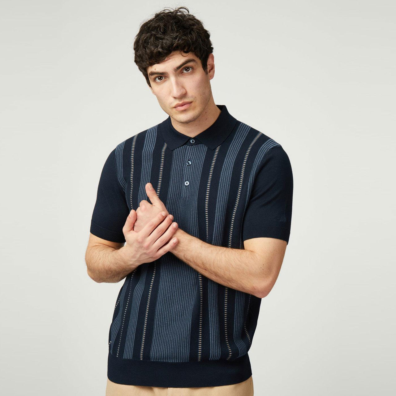 Birdseye Stripe Knitted Polo - Navy