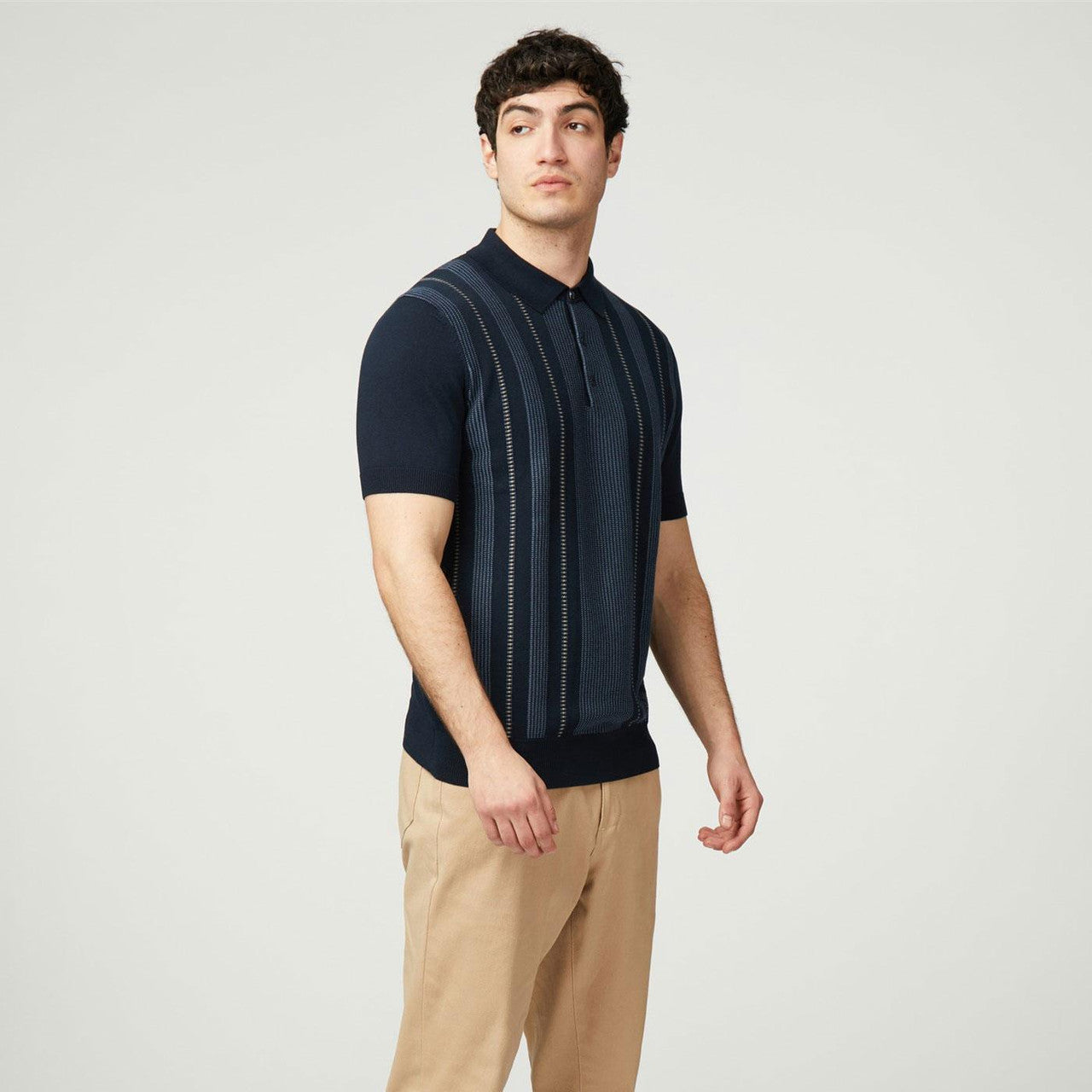 Birdseye Stripe Knitted Polo - Navy