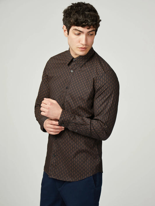Linear Geo Print Long Sleeve Shirt - Black