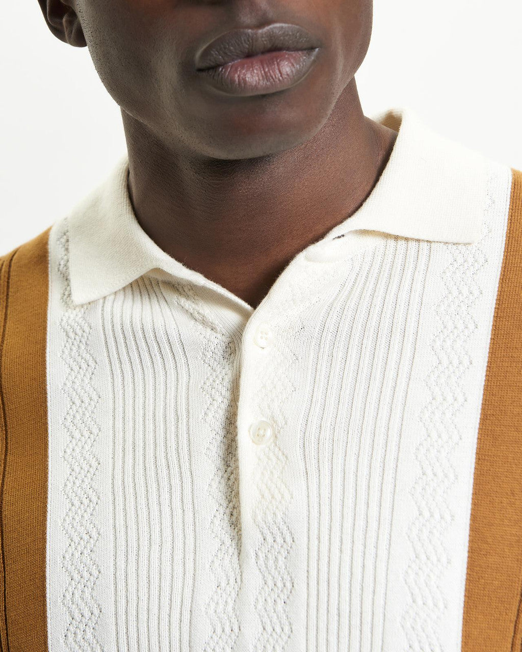 Textured Block Stripe Knitted Polo - Caramel