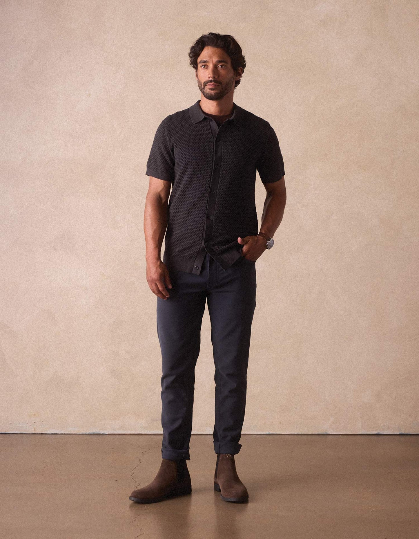 Robles Knit Jacquard Button Up - Charcoal
