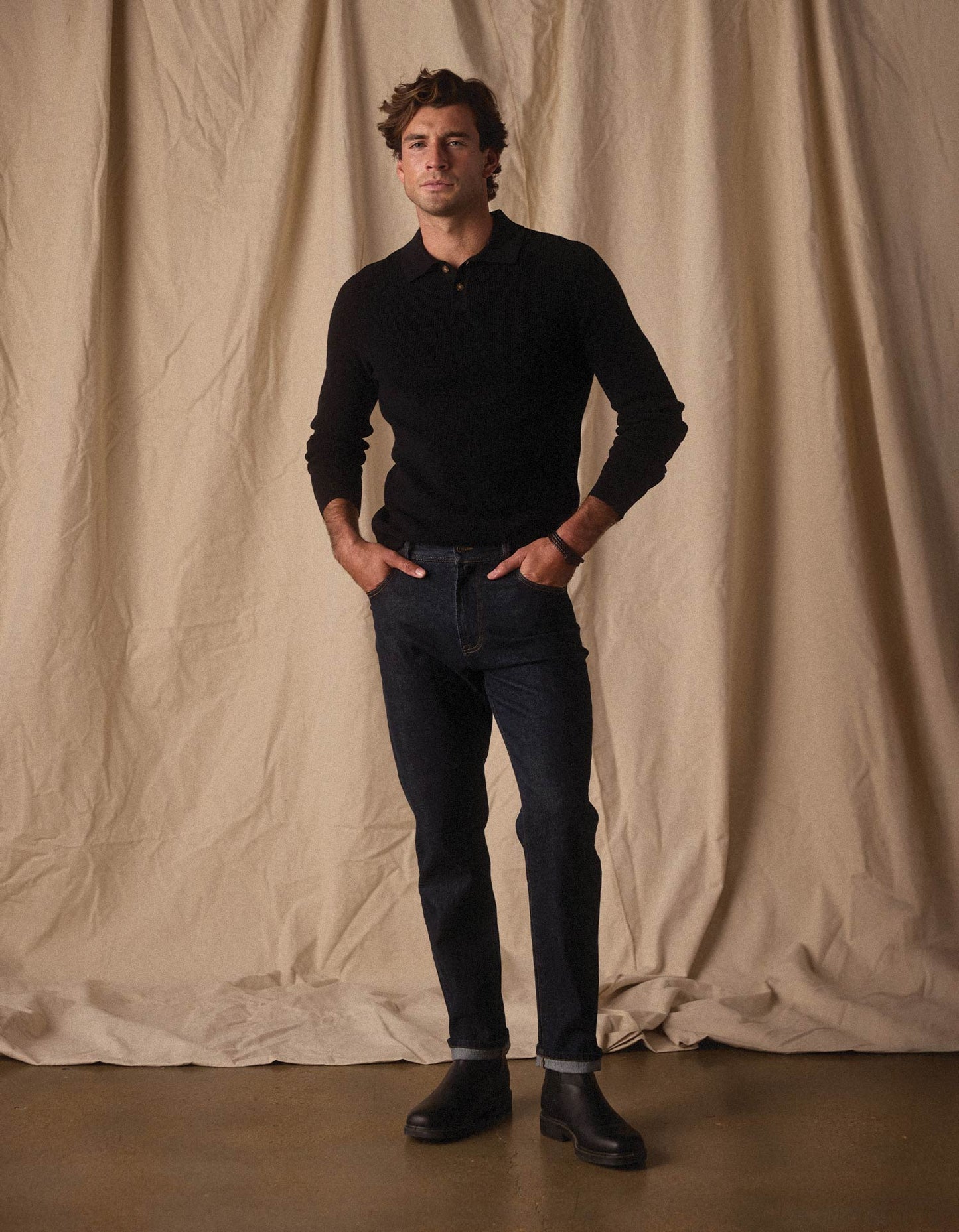 Robles Knit Waffle Stitch Polo - Black