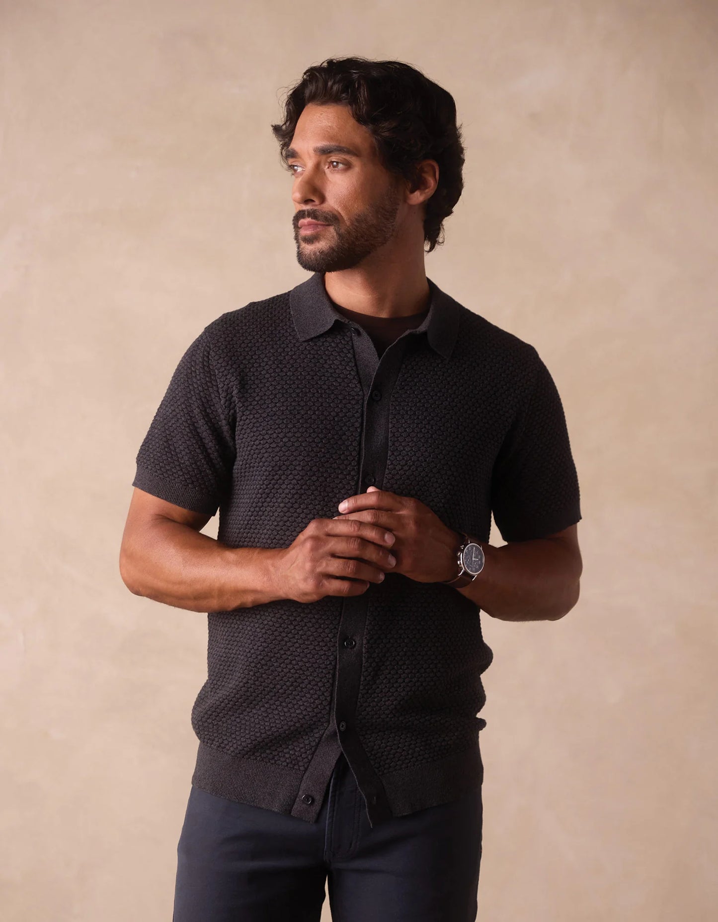 Robles Knit Jacquard Button Up - Charcoal