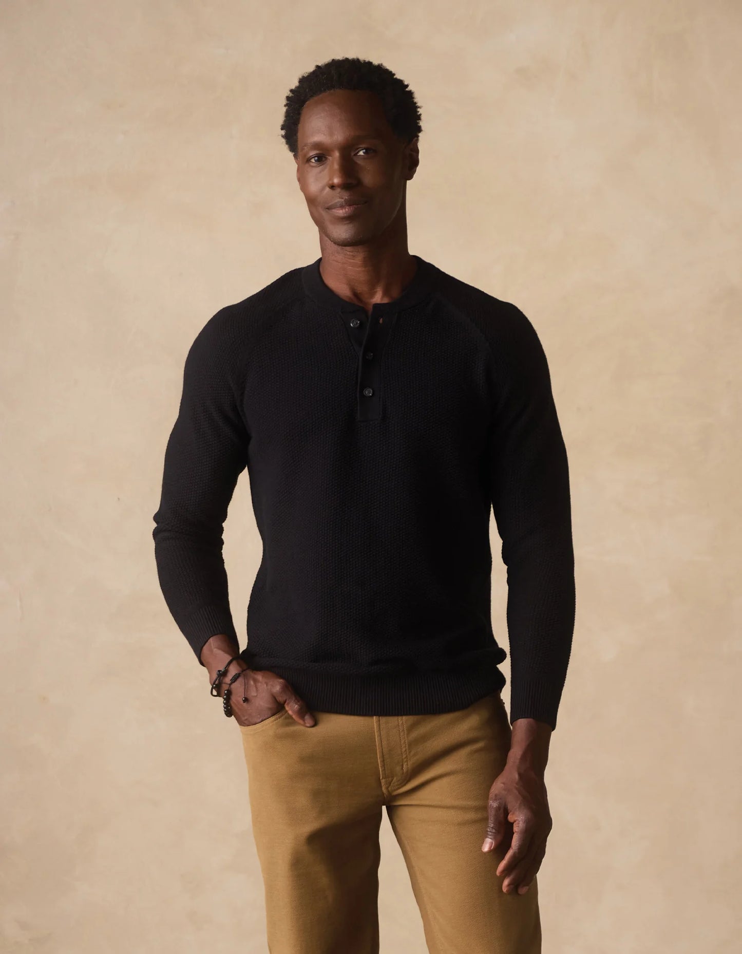 COOLMAX Textured Sweater Henley - Black