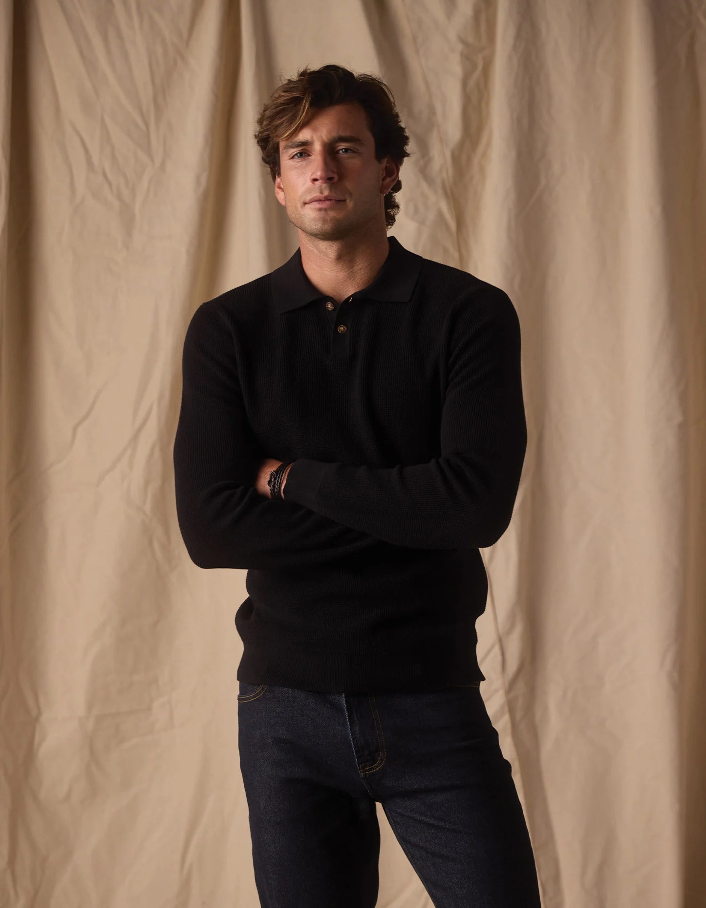 Robles Knit Waffle Stitch Polo - Black