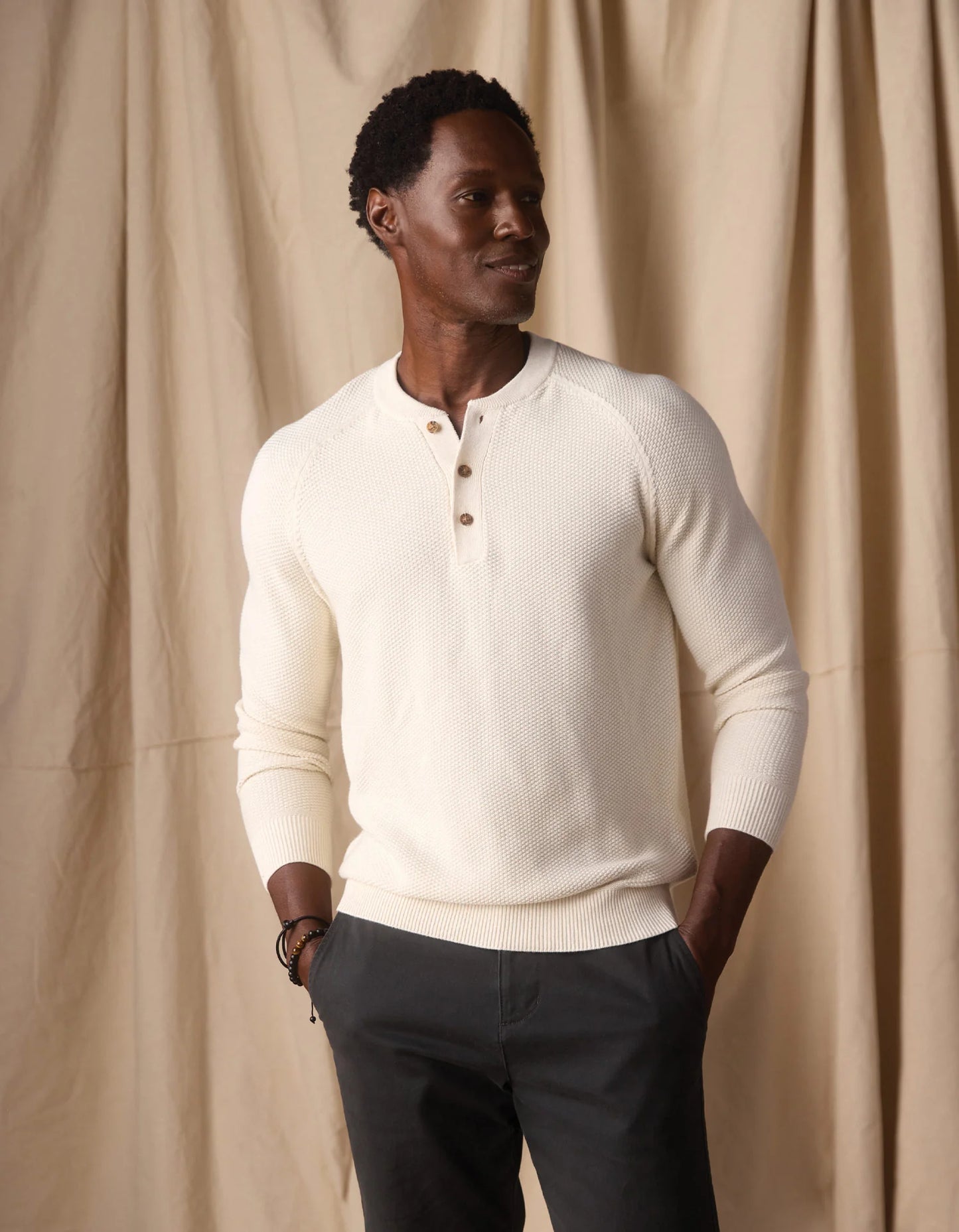 COOLMAX Textured Sweater Henley - Ivory