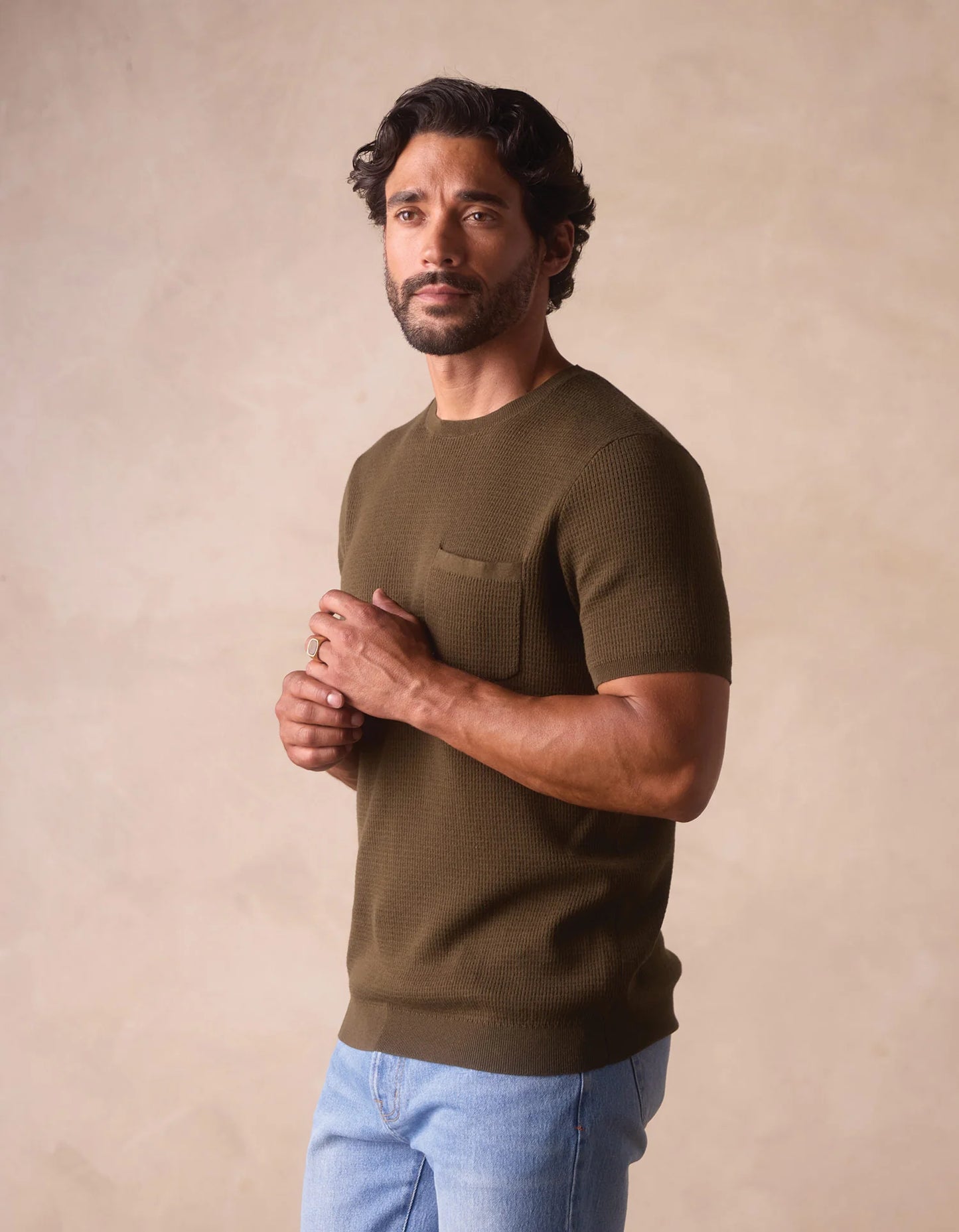 Waffle Knit Sweater Tee - Olive