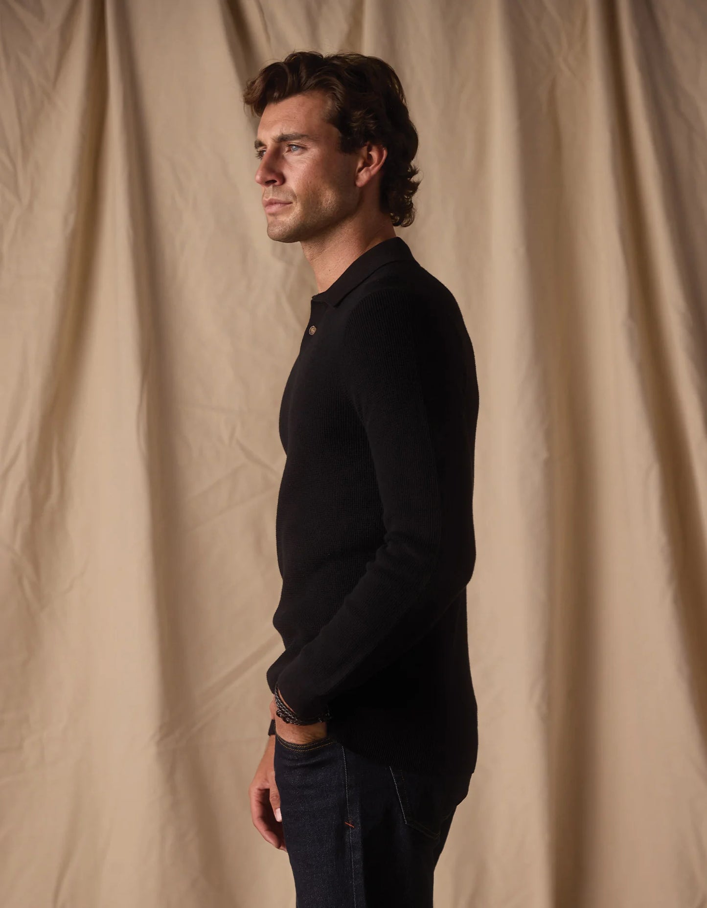 Robles Knit Waffle Stitch Polo - Black