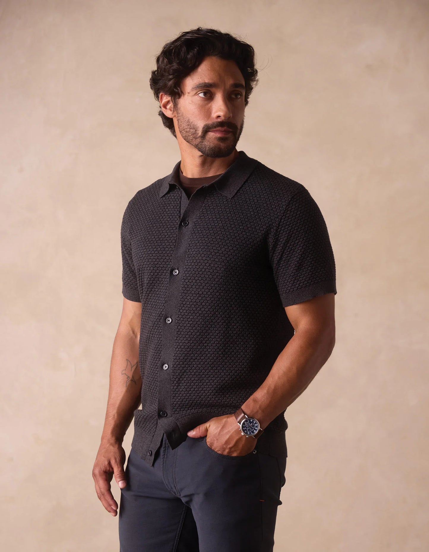Robles Knit Jacquard Button Up - Charcoal