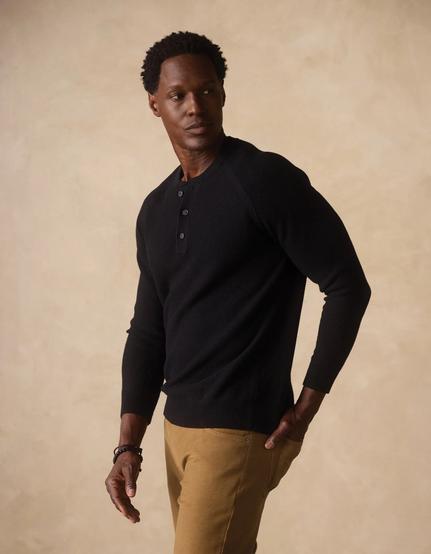 COOLMAX Textured Sweater Henley - Black